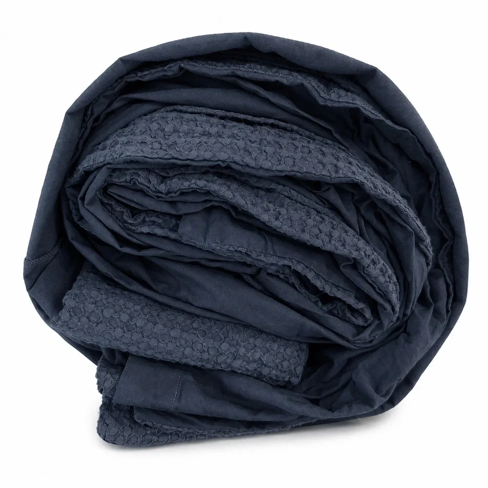 Quince Luxe Honeycomb Duvet Cover Set Queen Indigo Blue 100% Organic Cotton